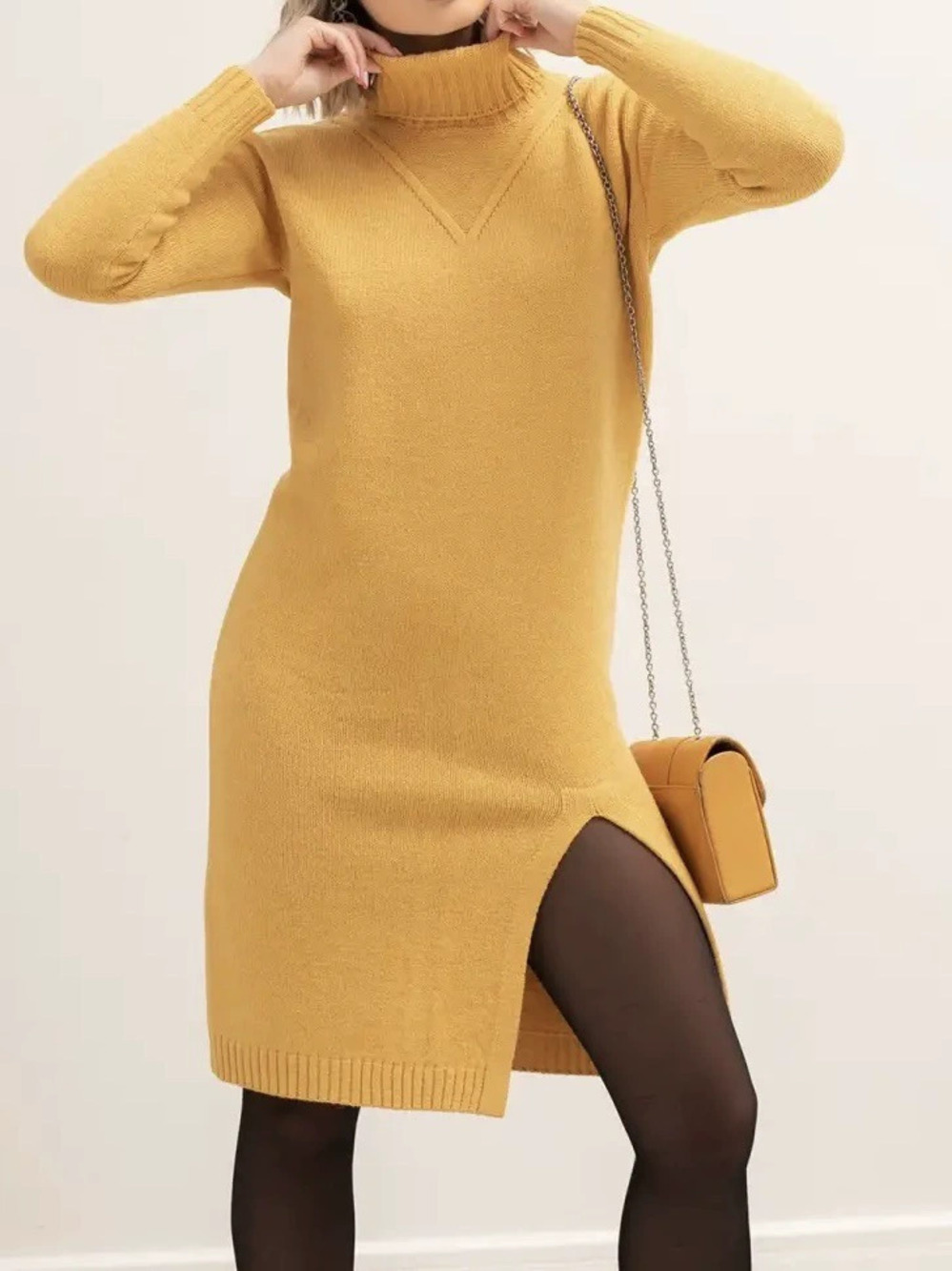 ZARA Womens Fall Winter Soft Mock Neck Knit Long Dress Slim Fit Slit